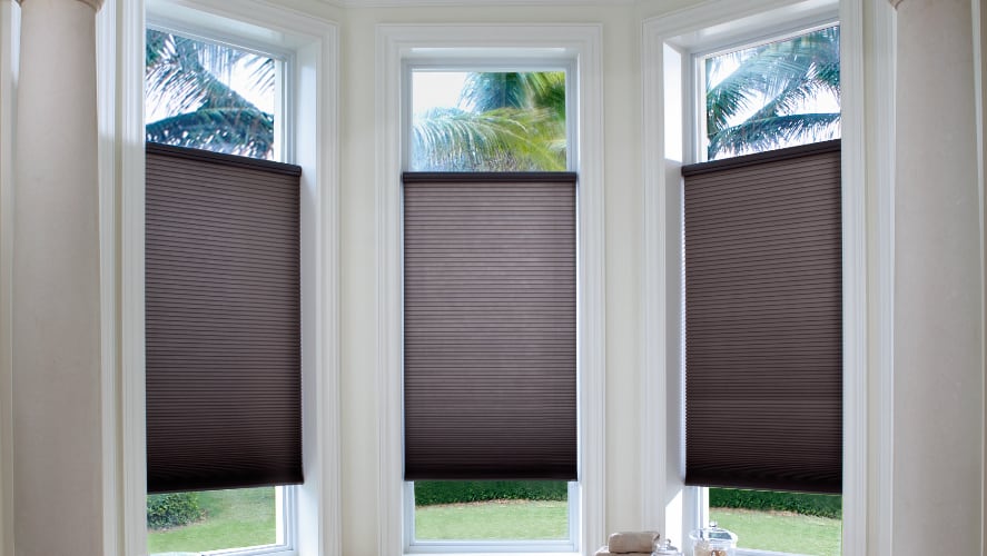 Brown cellular shades in a window